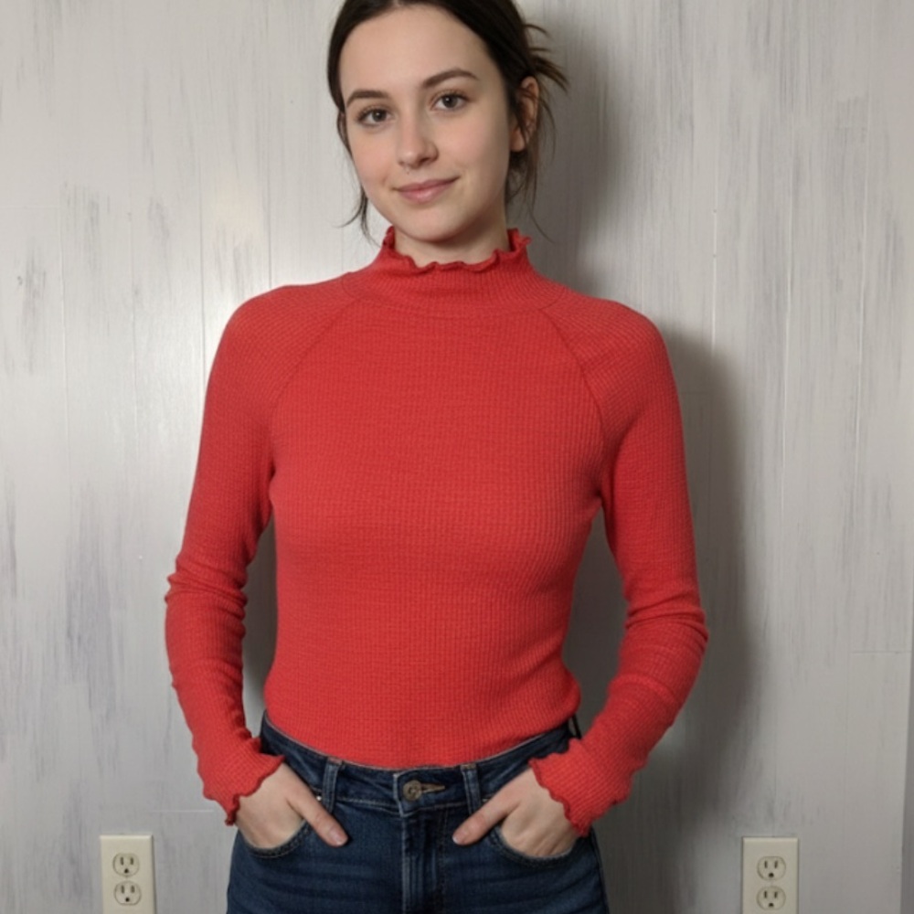 Intimately FP Make It Easy Waffle Knit Lettuce Hem Thermal Bright Red Size XS